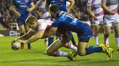 Photo of a Wigan try as Hull KR lose at the DW Stadium