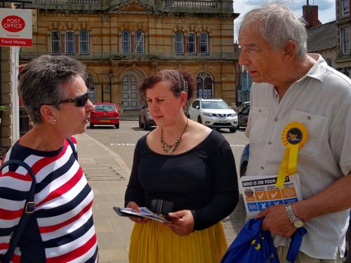 Liberal Democrat winning candidate Bill Newton Dunn campaigning in Towcester last Wednesday