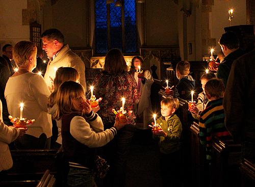 The first ever Christingle at St Margaret's Alderton - the magical candlelit part