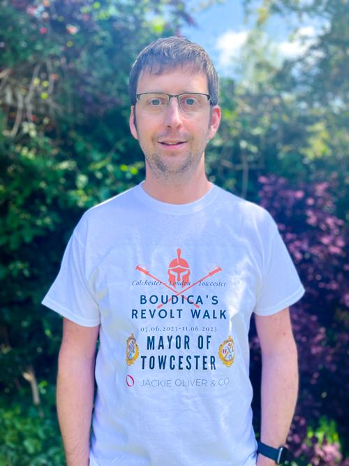   The Mayor of Towcester Councillor David Tarbun, is kicking off his fundraising on 7th June 2023 by walking 125 miles from Colchester to Towcester, following the route taken by Queen Boudica. 