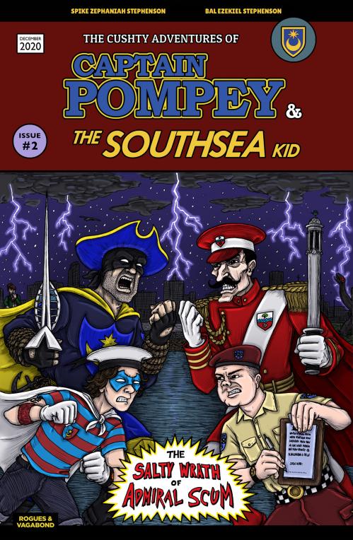 The front cover of the second instalment of 'Captain Pompey...', this time featuring the main characters facing off against two bad guys, in front of a stormy Portsmouth backdrop