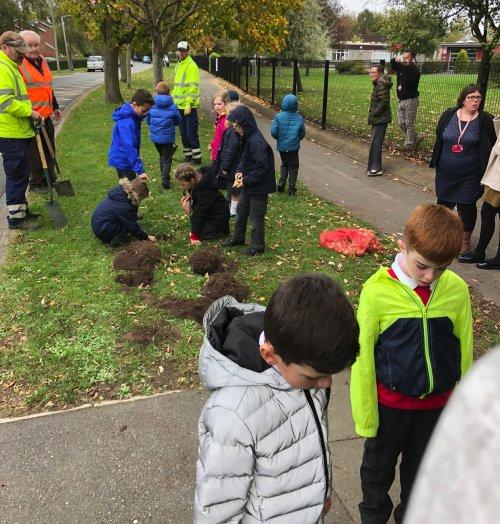 Woodfall children help with bulb planting in Neston