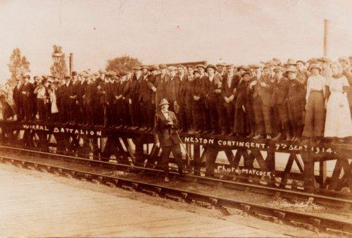 September 7th 1914, the men line up on Neston Station, with Gershom Stewart MP standing on the line.