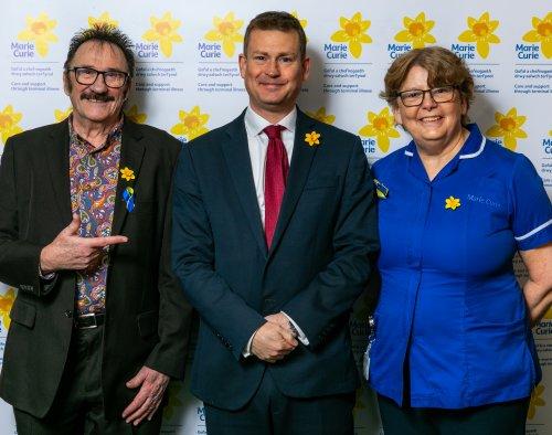 Entertainer Paul Chuckle with Ellesmere Port and Neston MP Justin Madders and Marie Curie nurse Clare Horgan.